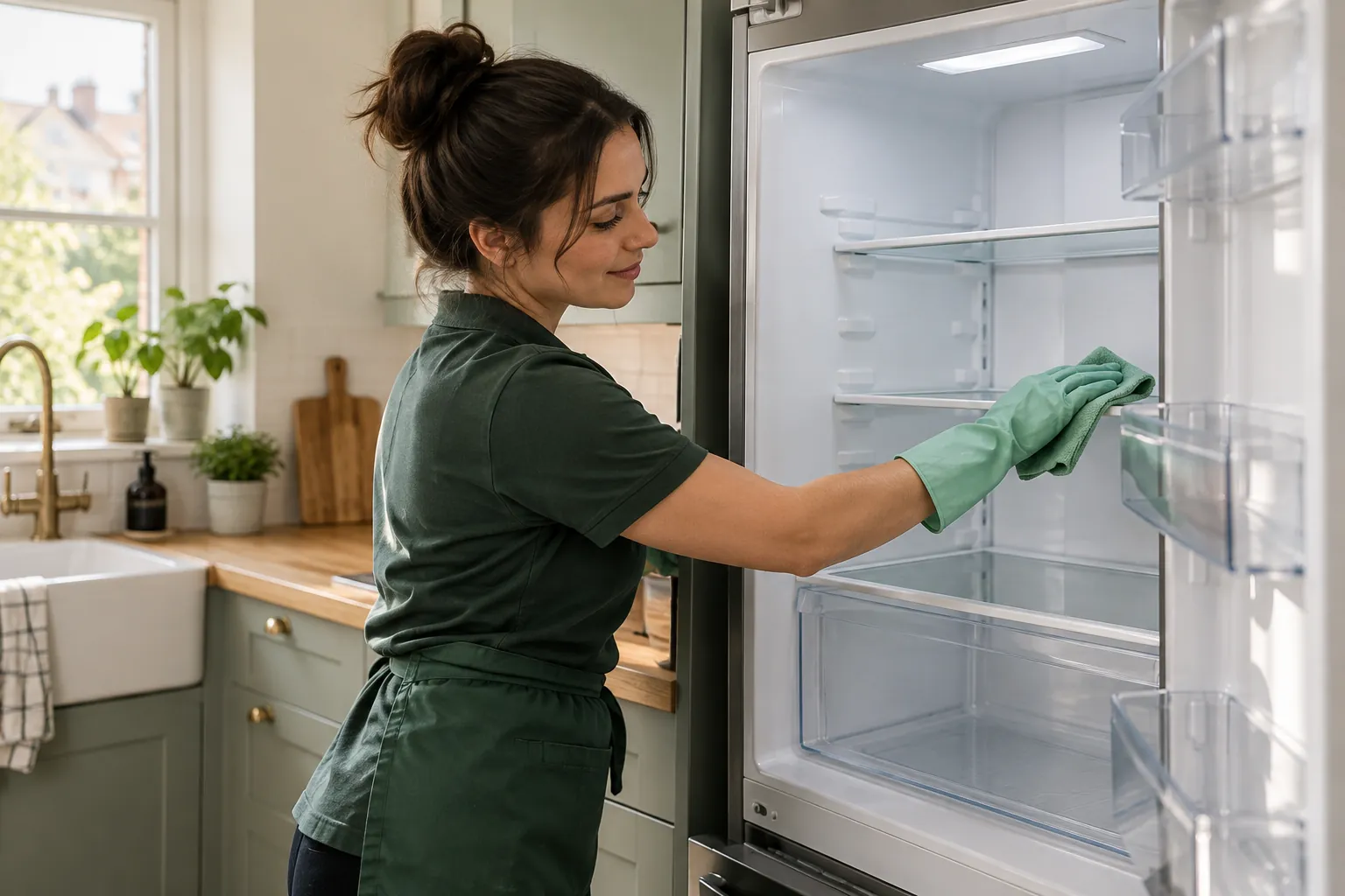 Cleaner wiping an empty fridge shelf