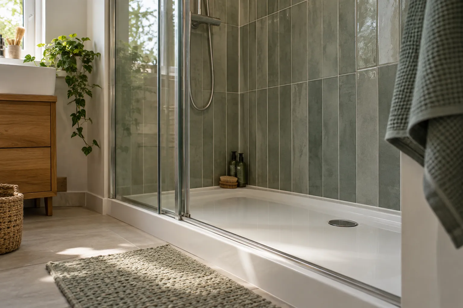 Shower tray, glass screen and tiled surface detail