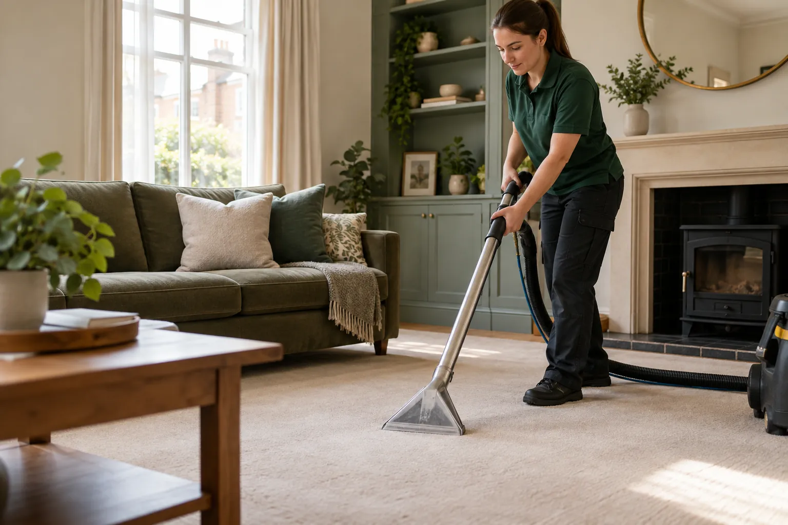 Cleaner using a carpet extraction wand on fitted carpet