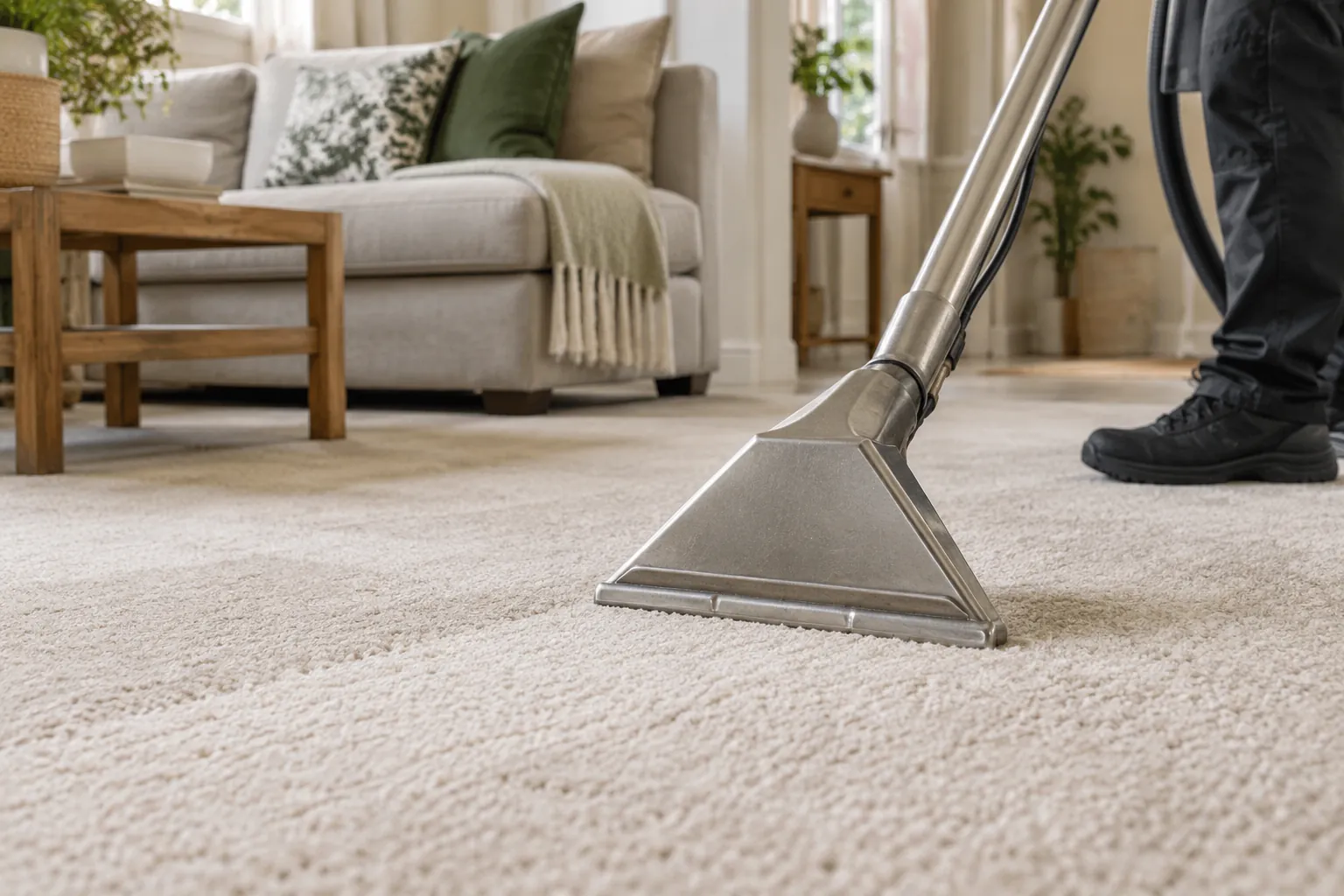 Metal cleaning wand head on beige carpet fibres