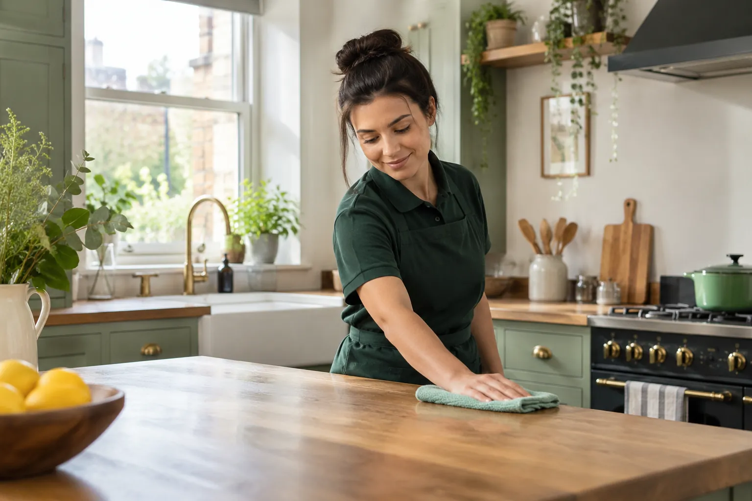 Cleaner wiping the worktop of a sage-green kitchen