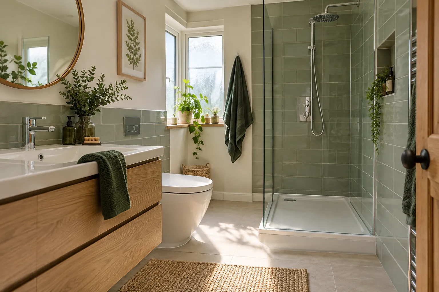 British bathroom with glass screen and tiled surfaces