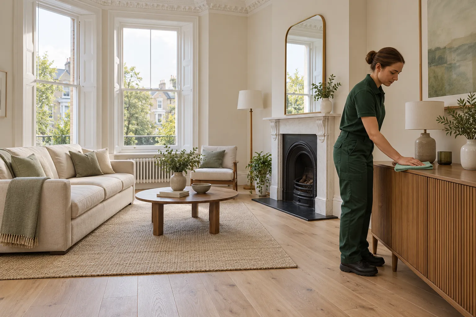 Cleaner wiping a sideboard in a British living room