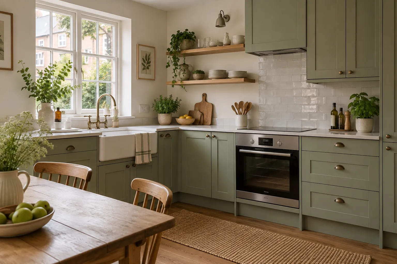 Sage-green kitchen with oak worktop and domestic oven