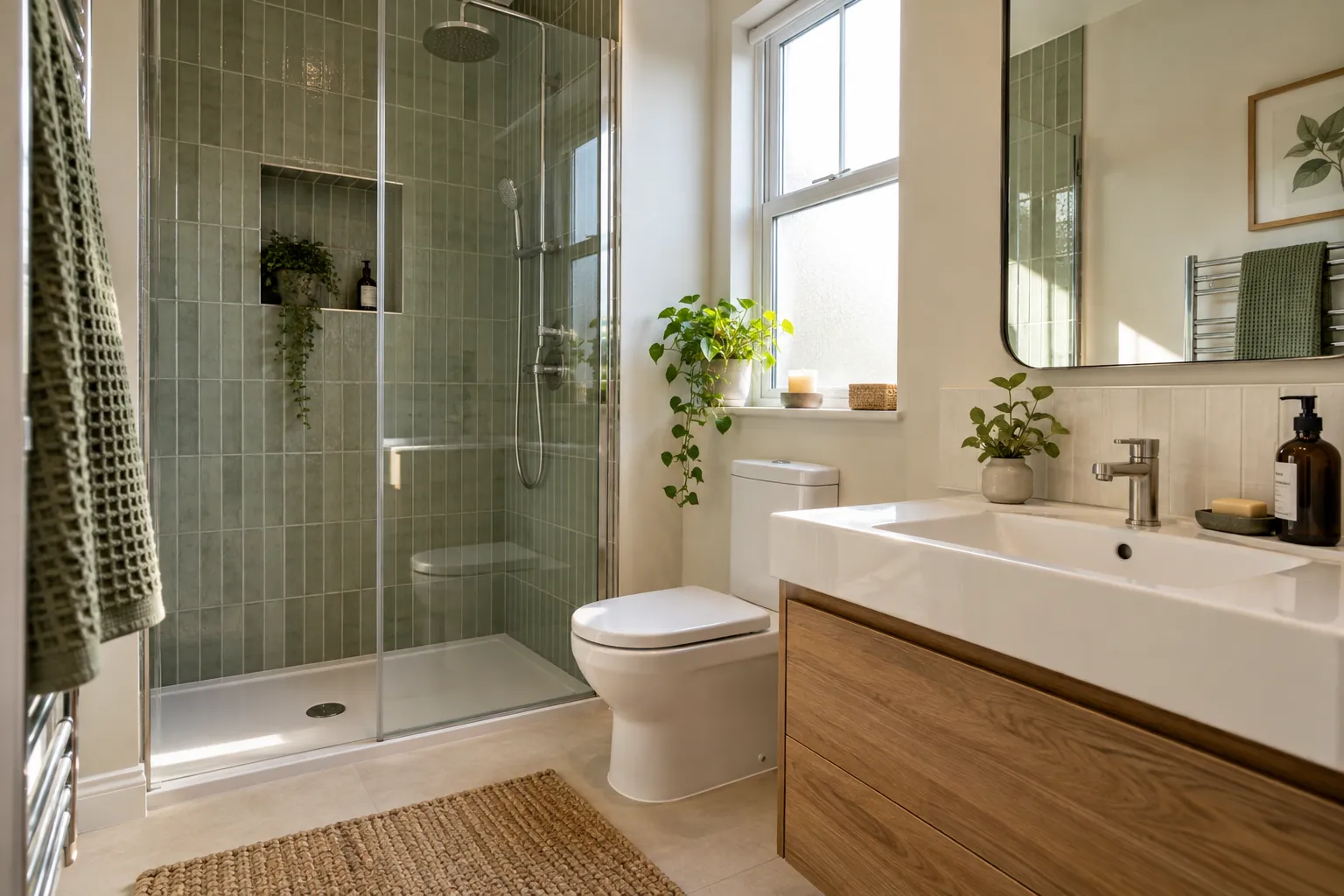Bathroom with glass shower screen and a white basin