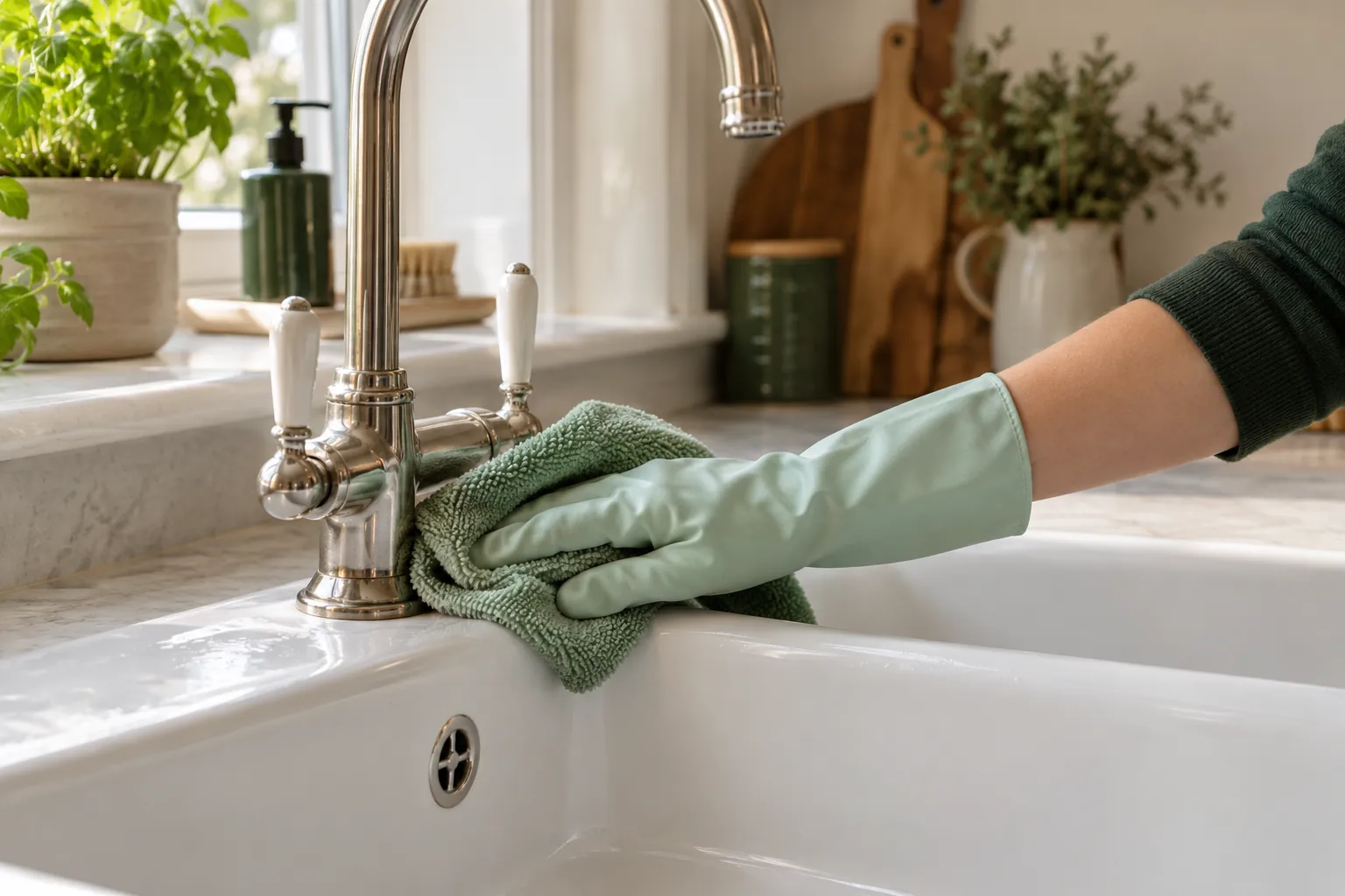 Gloved hand wiping the edge of a kitchen sink