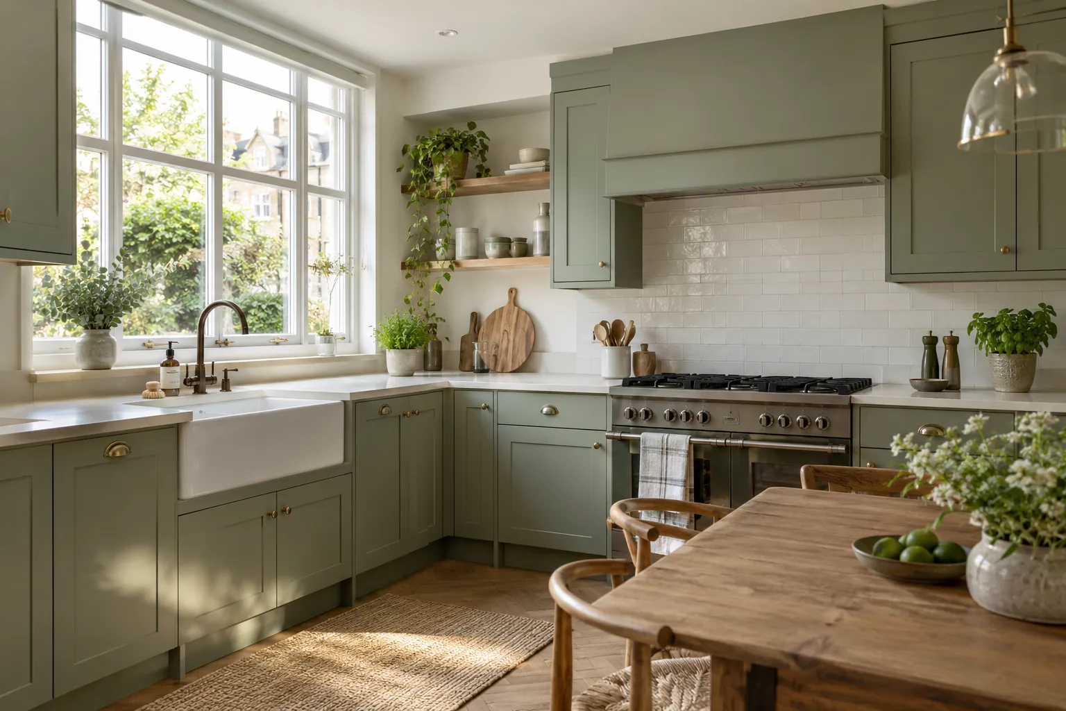 Sage-green British kitchen with clear work surfaces