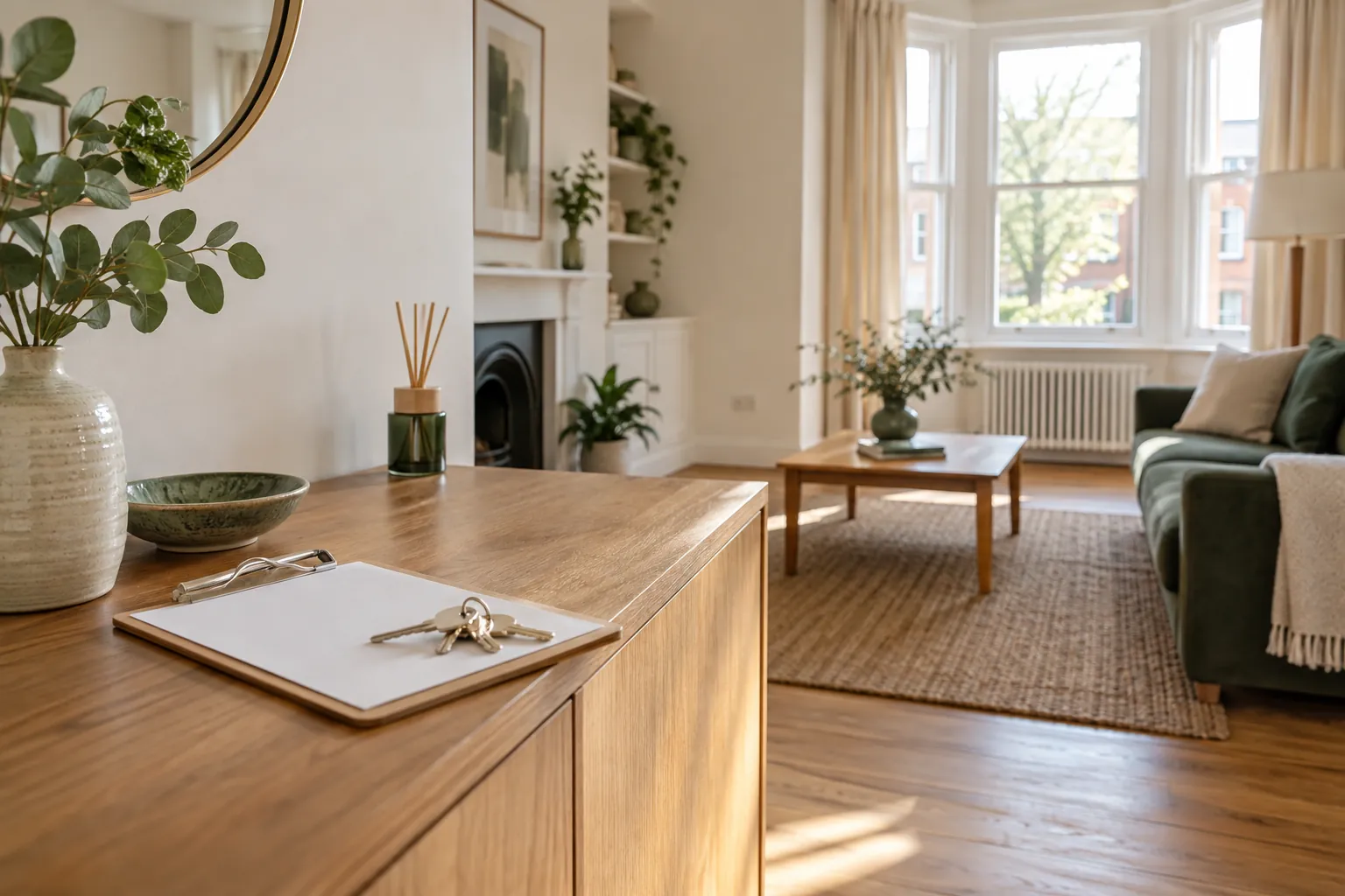 House keys and a blank folder on a sideboard