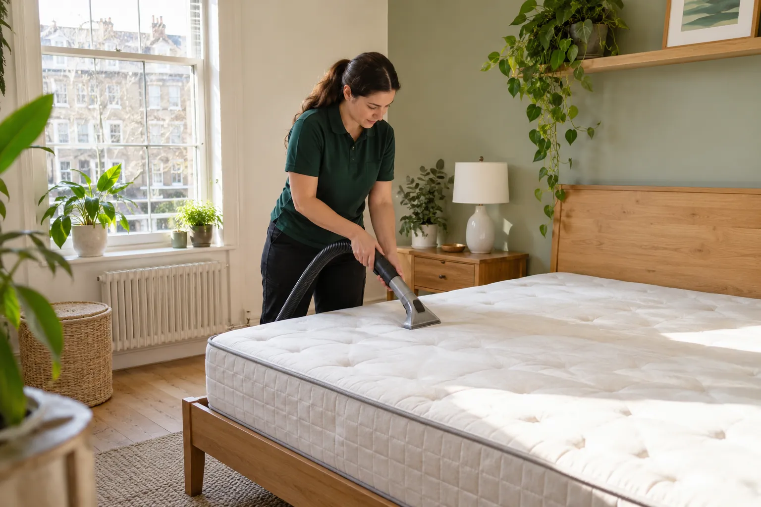 Cleaner vacuuming an accessible mattress