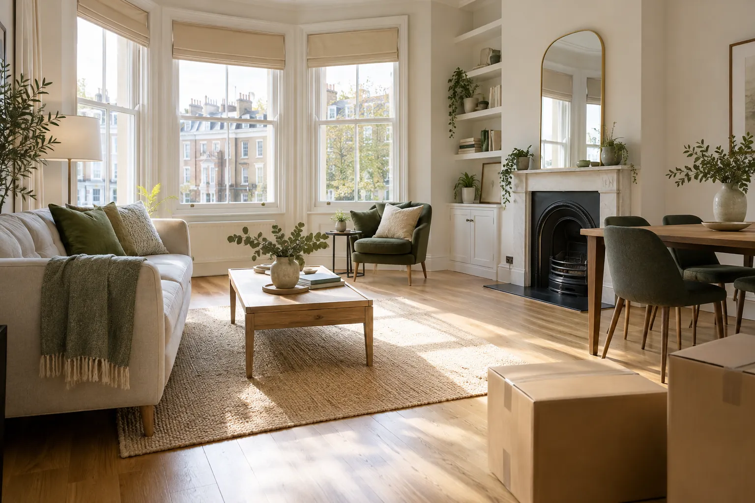 British living room with unpacked moving boxes