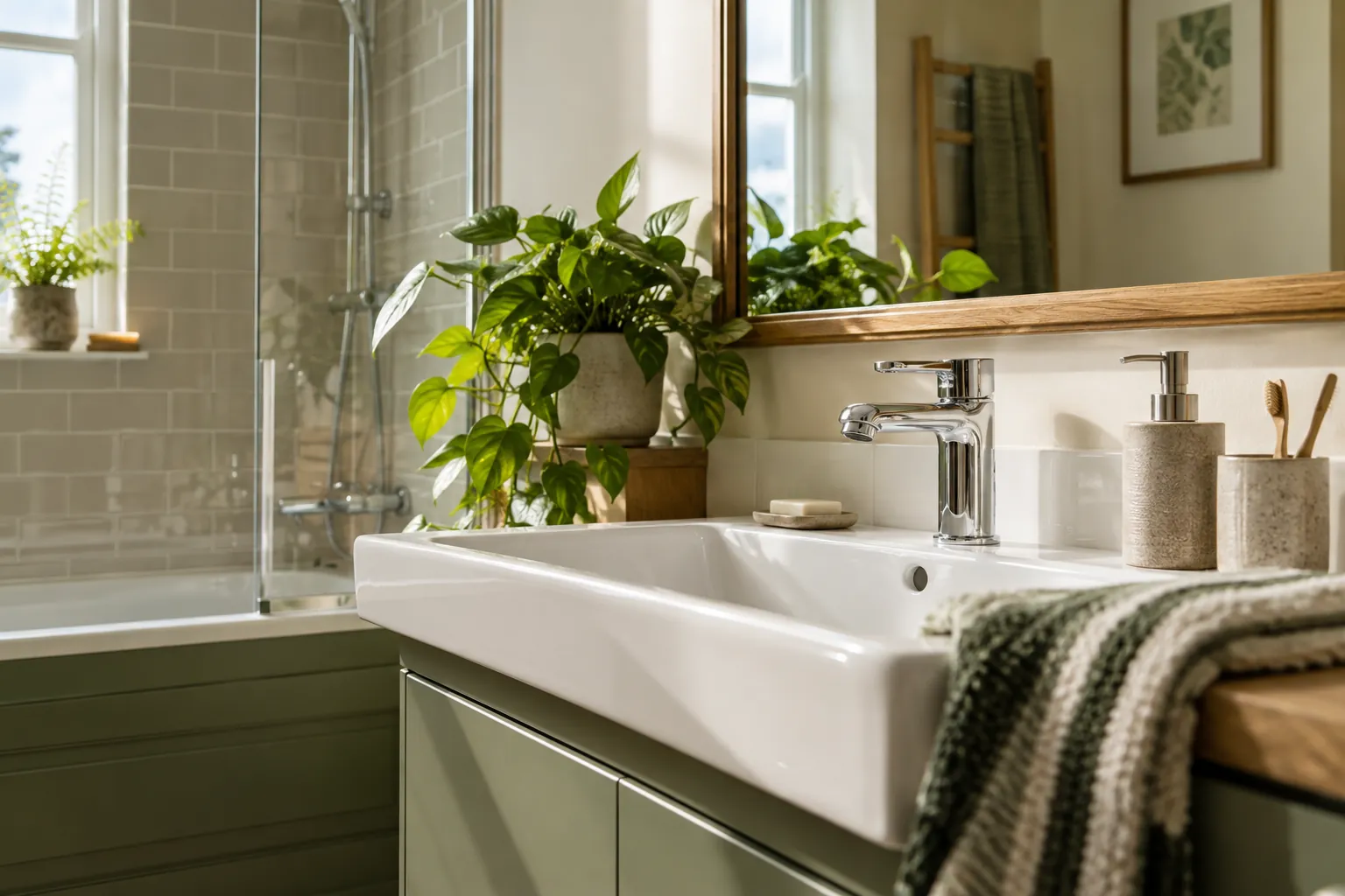 Bathroom basin and mirror in natural daylight