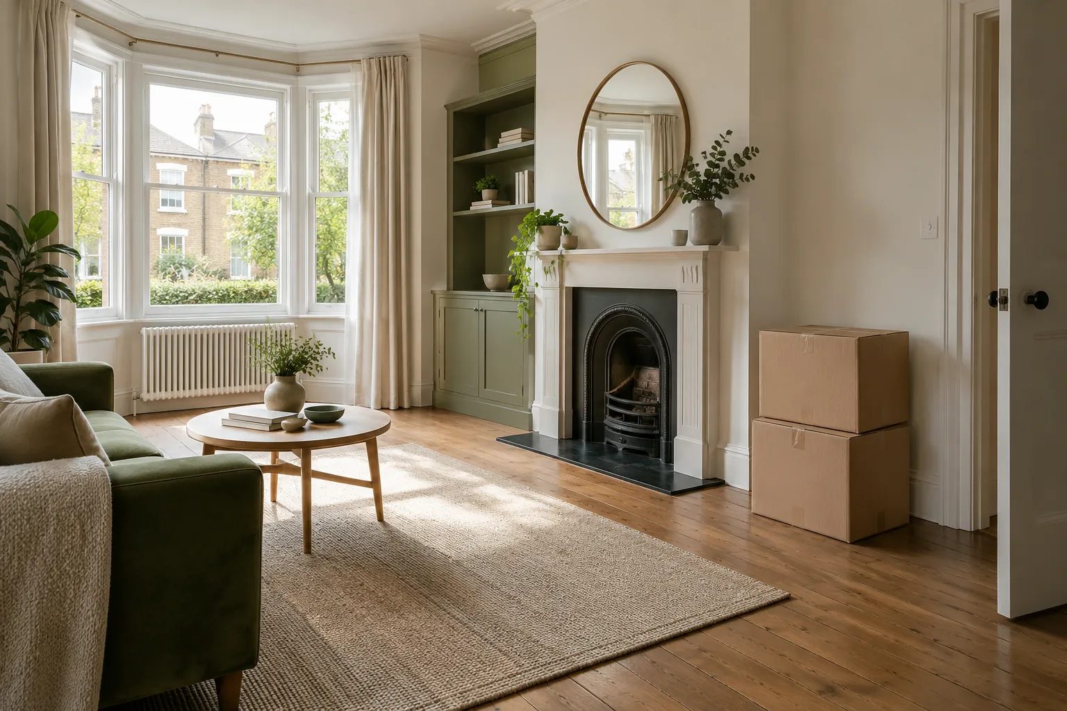 London living room with moving boxes near the doorway