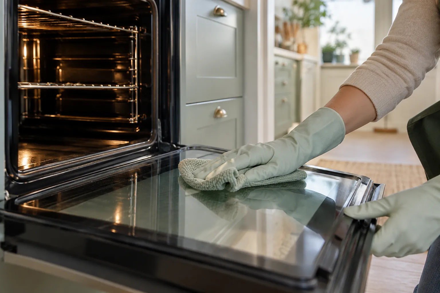 Gloved hand wiping oven door glass