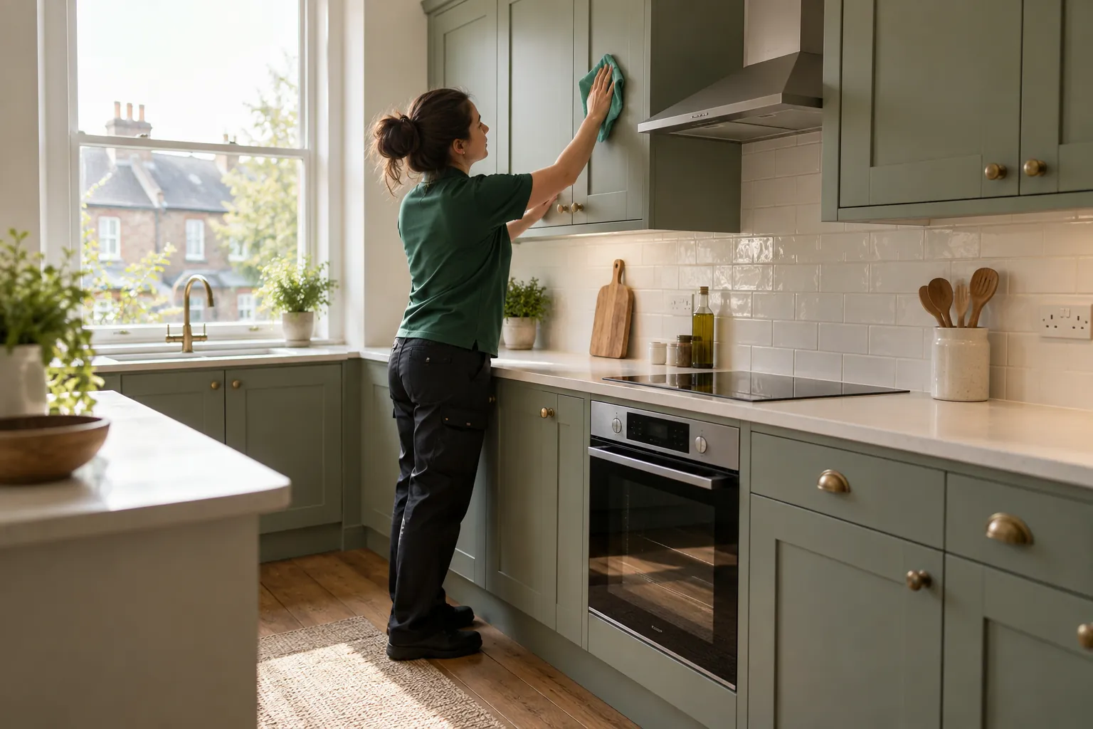 Cleaner wiping a kitchen cabinet front