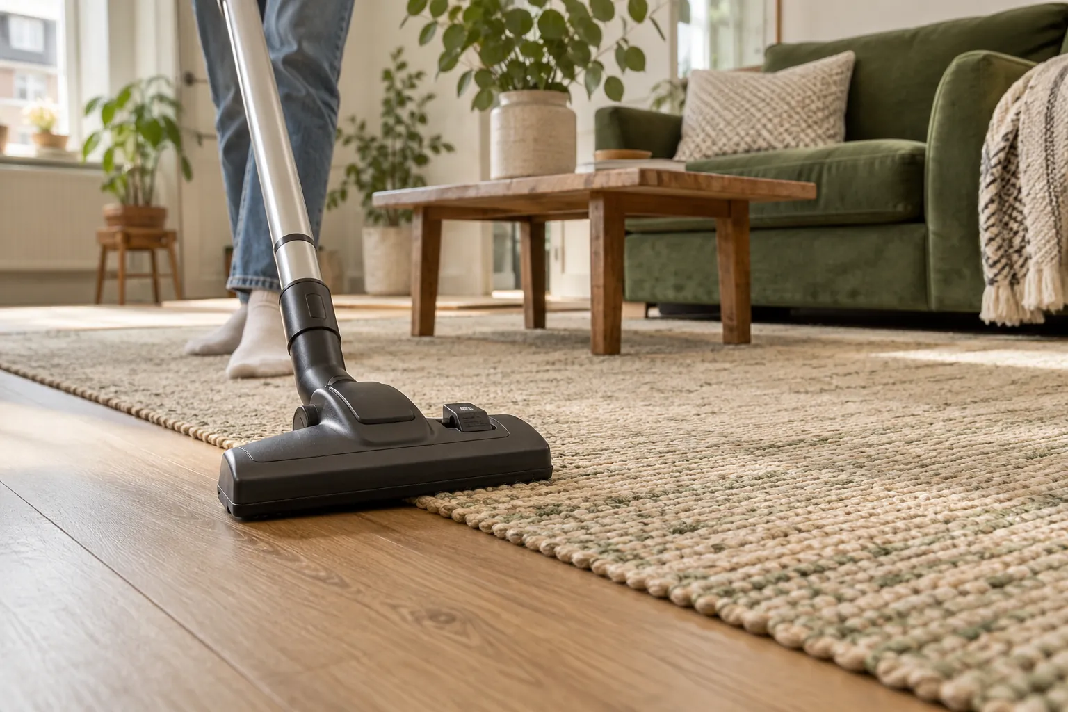 Vacuum head near the edge of a woven rug