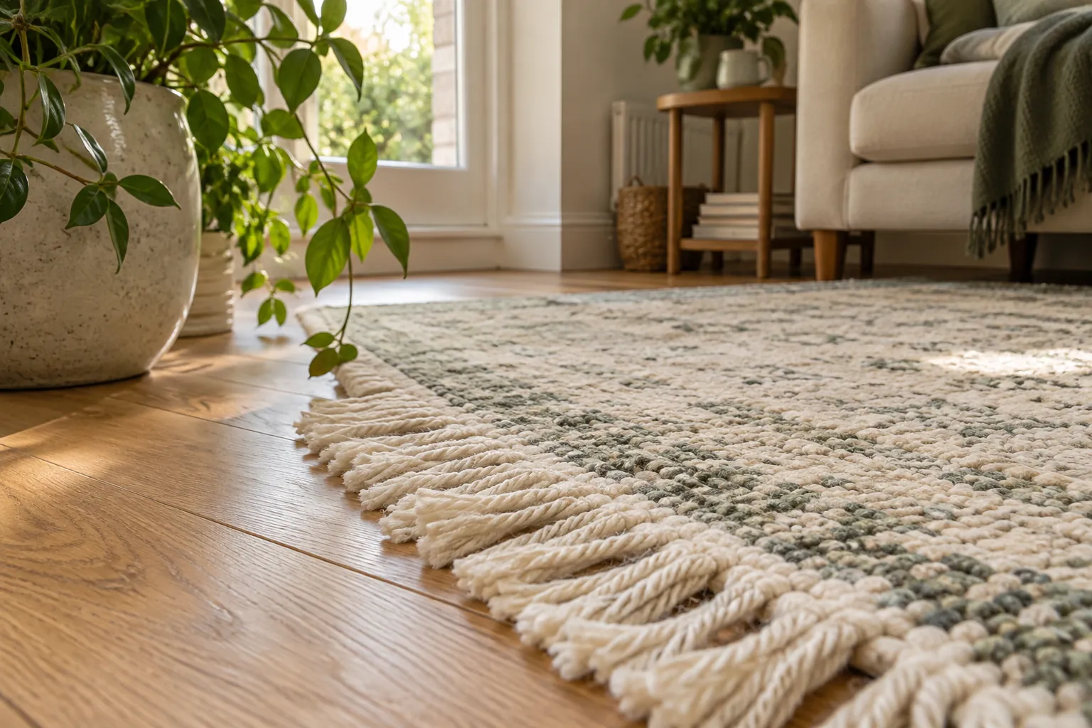 Rug fringe resting on an oak floor