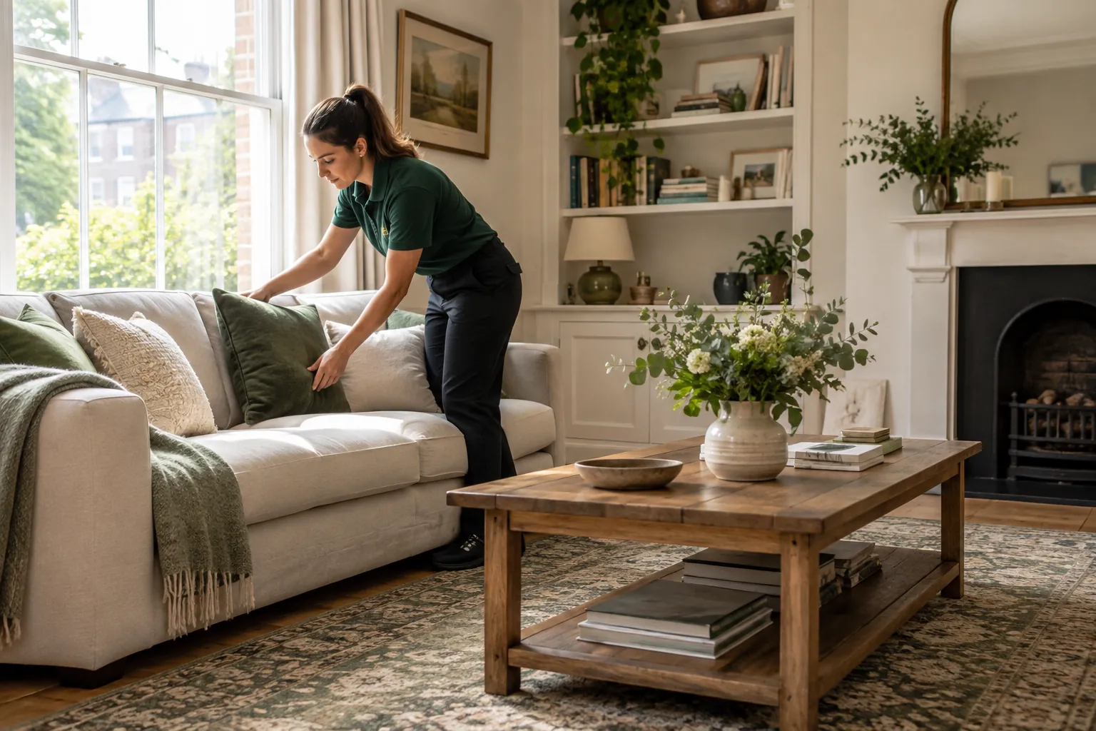 London living room with a muted patterned rug