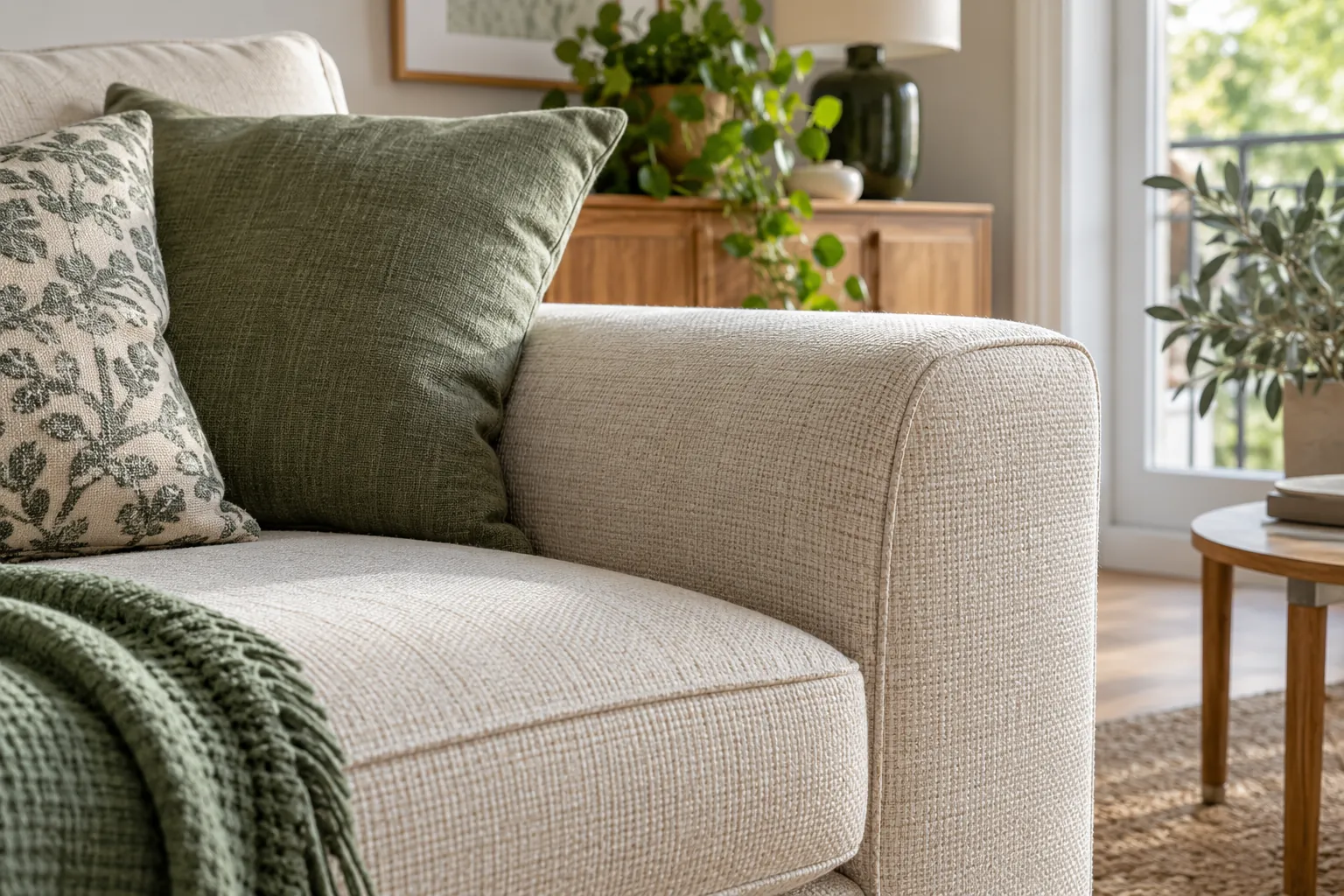Woven fabric on a neutral sofa armrest