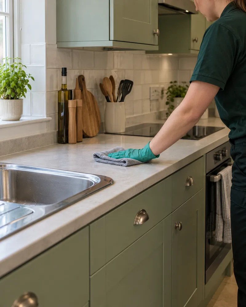 A cleaner wiping the worktop of a sage green British kitchen