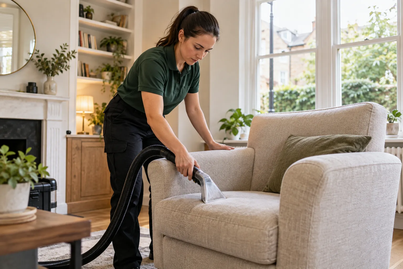 Cleaner treating the seat of a fabric armchair