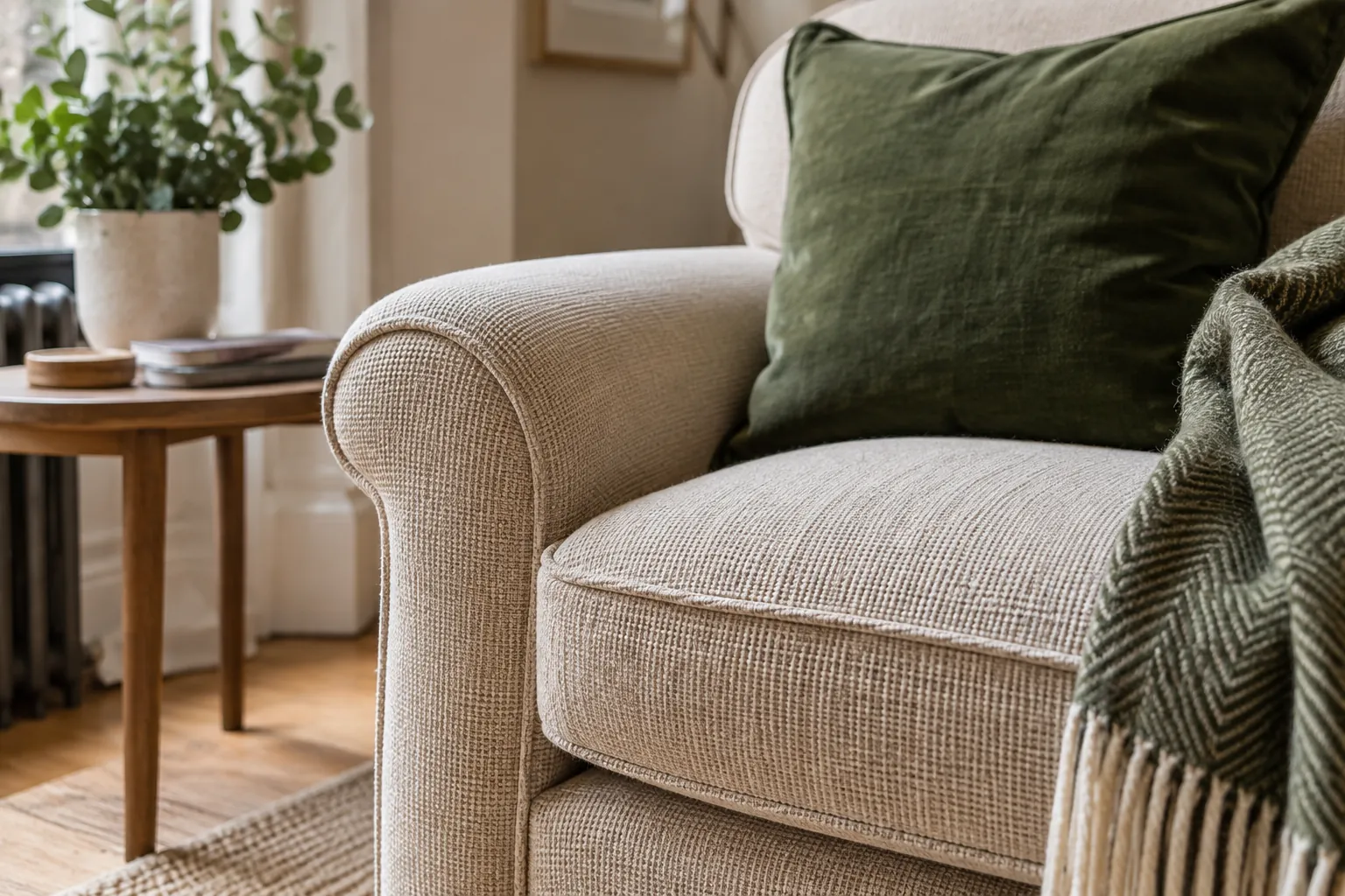 Close view of a woven fabric cushion seam