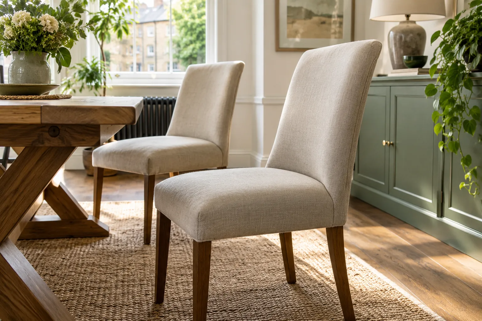 Upholstered dining chairs in a London home