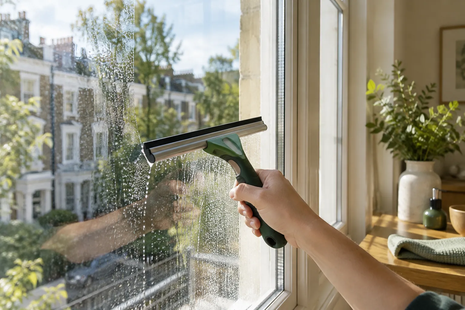 Window squeegee on accessible interior glass