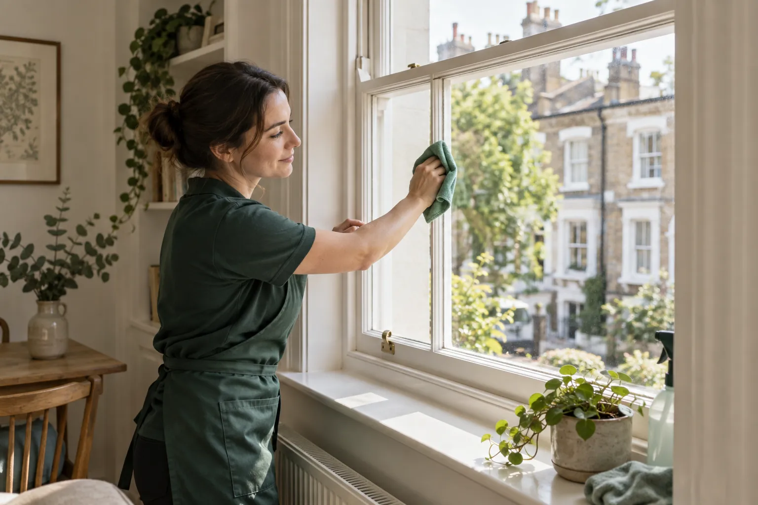 Cleaner wiping glass beside a sash-window frame