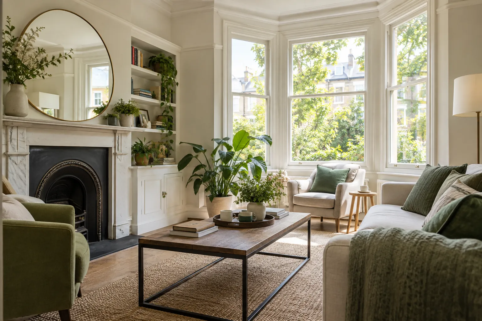 London living room with bay sash windows